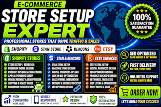 setup shopify website design online store etsy seo listing shopify store manager