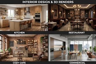 provide kitchen, restaurant, cafe and commercial interior design with 3d render