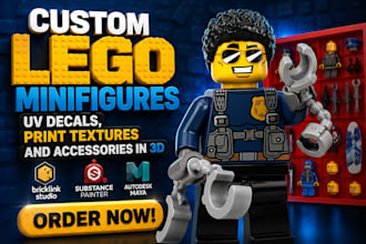 design custom lego minifigures, uv decals, print textures and accessories in 3d