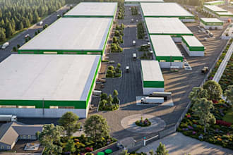 render 3d warehouse building,commercial exterior,industrial park,cgi aerial view