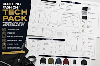 create clothing fashion tech pack with bom, spec sheet, and technical flats