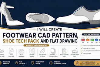 create footwear cad pattern, flat drawing  and shoe  tech pack
