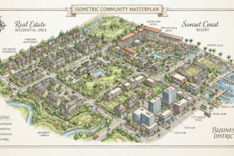 hand drawn 3d isometric maps for real estate, resorts, campuses and businesses