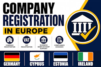 do company registration, tax, bank account in germany, cyprus, estonia, ireland