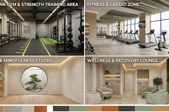 design gym, fitness center, yoga and wellness studio interior with 3d rendering