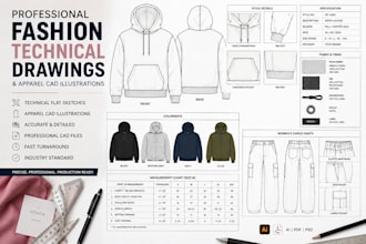 draw detailed fashion technical flat sketches and apparel cad illustrations
