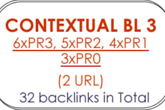 create 28 CONTEXTUAL Backlinks from 14 Blogs with 5x PR3, 4x PR2, 3x PR1, 2x PR0