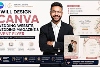 design a canva wedding website, wedding magazine and event flyer