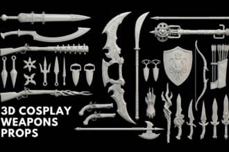 design custom 3d cosplay weapon, sword and stl for 3d printing shield axe