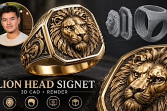 custom lion head mens signet ring cad design, 3d jewelry rendering