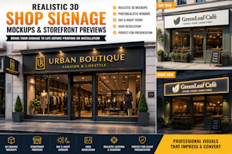 create realistic 3d shop signage mockups and storefront previews