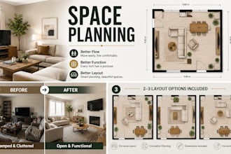 create a functional space planning and furniture layout