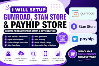 setup gumroad, stan store and payhip digital product store