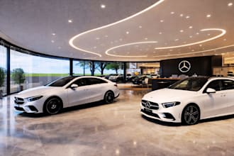 design realistic 3d car showroom, auto dealership and vehicle display