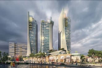 retrofit high rise exterior, masterplan aerial render, mixed use building render