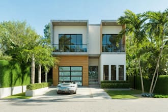 modern tropical villa, cgi exterior facade, patio, outdoor kitchen, vray render