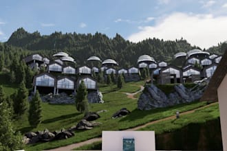 3d master plan resort,cabin villas,mountain hillside,parking lot,glamping render