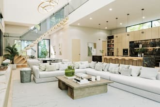 luxury penthouse interior, living room,visualize stairs, bedroom, kitchen render