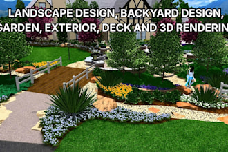 do landscape design, backyard design, garden, exterior, deck and 3d rendering