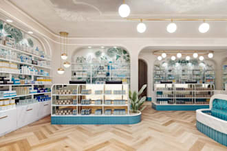 redesign retail pharmacy interior, modern apothecary shop, sketchup 3d modeling