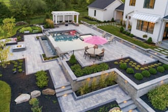 create a modern backyard, patio, pool and outdoor space, terrace landscape plan