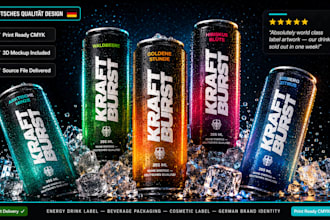 design german energy drink beverage label and cosmetic product packaging design