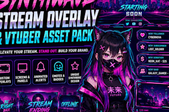 design a retro futuristic synth wave stream overlay or vtuber asset pack