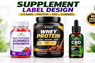 design gummies label, cbd label, protein label, vitamin and supplement label