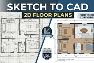 redraw 2d floor plans from sketch, PDF, or image to cad, bim modeling, interior