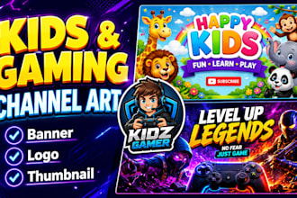 create gaming kids cartoon banner youtube logo and catchy channel thumbnail
