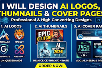 do realistic ai image, logo, thumnails and background cover page designs