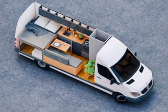 render 3d motorhome rv camper van interior caravan bus food truck mobile vehicle