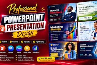design powerpoint presentation investor pitch deck, canva slides, annual report