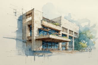 sketch architecture building with watercolor rendering