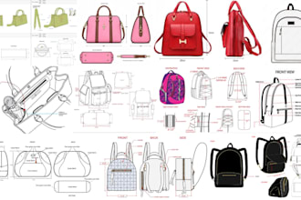 create detailed tech pack design, handbag, backpack, tote bag and accessories