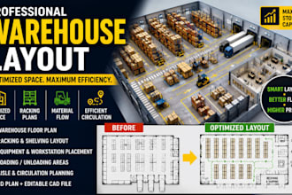 design an optimized warehouse layout, racking plan, floor plan, tiny house