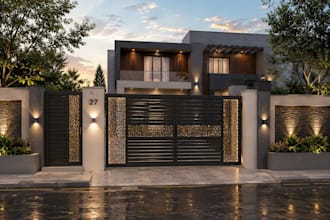 design fence banner, mesh banner, draw modern gate with 3d rendering