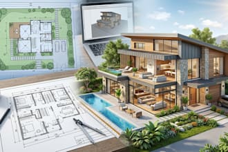 design architecture site plan, 2d floor plan, 3d rendering, 3d exterior house