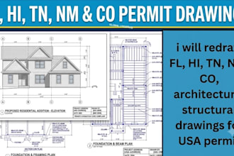 redraw fl, hi, tn, nm, co, architectural structural drawings for USA city permit