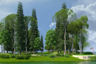 create garden or landscape 3d rendering, backyard patio,golf club,golf holes