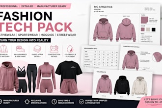 create activewear, sportwear, gymwear and clothing tech pack for production