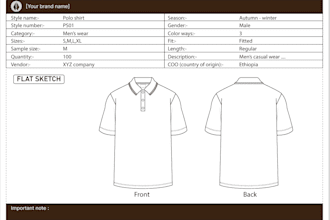 design a complete polo shirt tech pack and technical flats