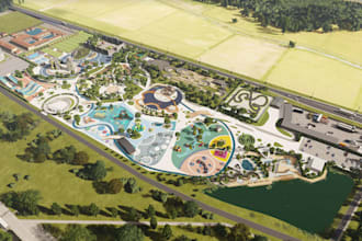 showcase urban resort, recreational hub,  amusement park, kids playground render
