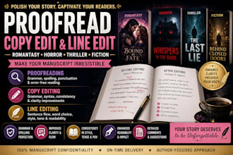 proofread copy edit and line edit romantasy book horror thriller fiction novel