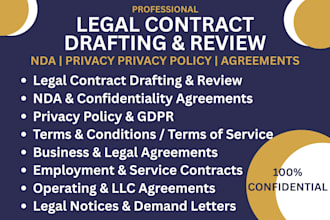 draft and review legal contracts, nda, privacy policy, terms and conditions