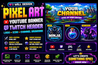 design pixel art youtube banner channel art, twitch cover header, logo and icon