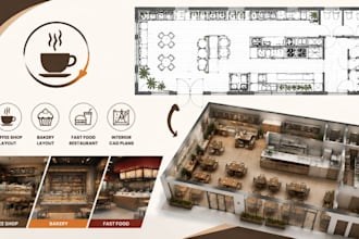 design coffee shop, bakery fast food restaurant layout interior cad floor plans