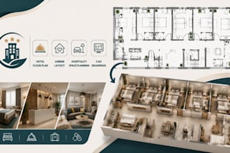 design hotel floor plan, airbnb layout, hospitality space palnning cad drawings