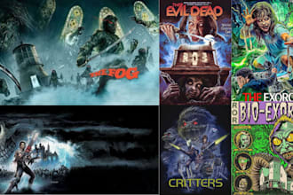 draw retro comic book cover, horror poster design, gore gothic music album cover