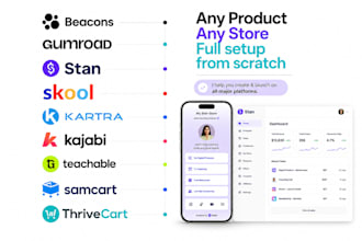 setup and design your stan store, kajabi, skool, or gumroad platform